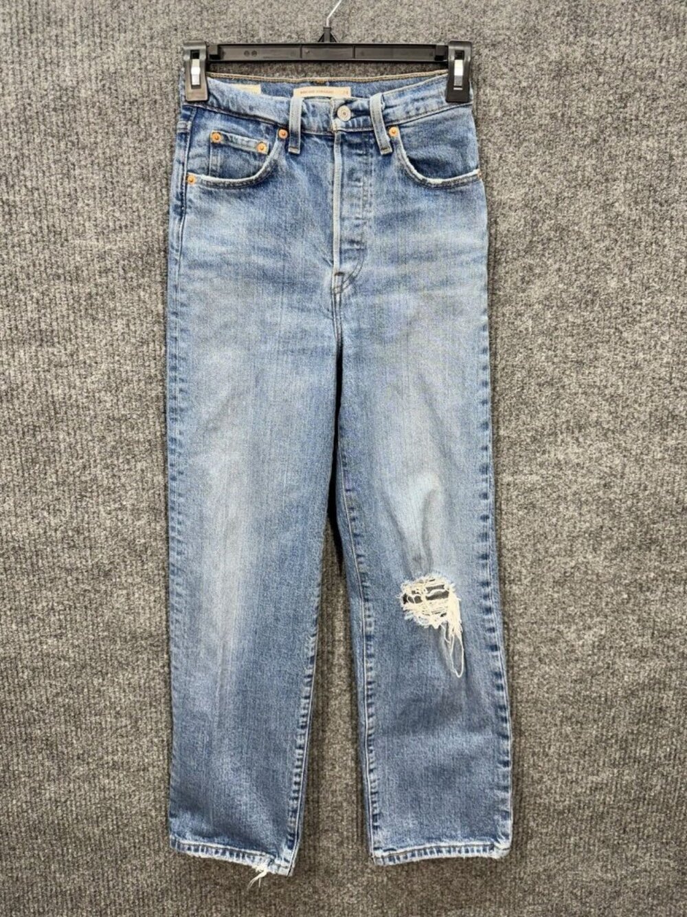 Levis Ribcage Straight Jeans Womens 24x27 Blue Distressed Button Fly Premium